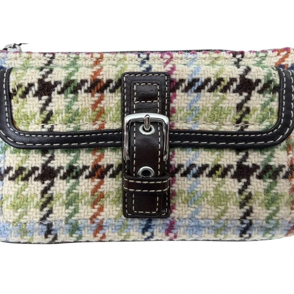 VTG Coach Tattersall Houndstooth Wool Tweed Wristlet Multicolor Leather Trim Bag